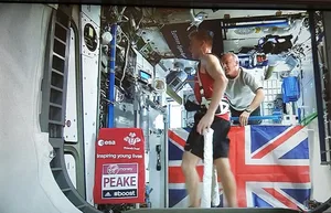 Expedition 46 On International Space Station IN SPACE - APRIL 24: (EDITORIAL USE ONLY) (NO SALES) In this handout image supplied by the European Space Agency (ESA), ESA astronaut Tim Peake runs the London marathon in zero gravity, on board the International Space Station on April 24, 2016. ESA astronaut Tim Peake is performing more than 30 scientific experiments and taking part in numerous others from ESA's international partners during his six-month mission, named Principia, after Isaac Newtons ground-breaking Naturalis Principia Mathematica, which describes the principal laws of motion and gravity. (Photo by ESA/NASA via Getty Images)