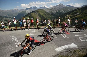 CYCLING-FRA-TDF2022-STAGE12 Thomas Pidcock riding Alpe d'Huez during 2022 Tour de France.