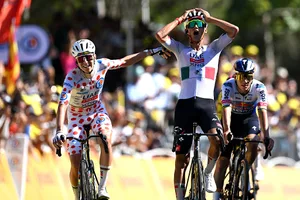 113th Tour de France 2026 – Stage 2 BARCELONA, SPAIN - JULY 05: (L-R) Tadej Pogacar of Slovenia - Polka dot Mountain Jersey and stage winner Isaac Del Toro of Mexico and UAE Team Emirates - XRG celebrate at finish line during the 113th Tour de France 2026, Stage 2 a 168.5km stage from Tarragona to Barcelona 109m / #UCIWT / on July 05, 2026 in Barcelona, Spain. (Photo by Tim de Waele/Getty Images)