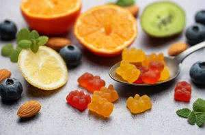 Chewable gummy vitamins and fruits Chewable gummy bears vitamins and supplements and fresh fruits