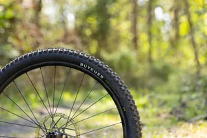 Specialized Butcher Grid Gravity Radial T9 tyre Specialized Butcher Grid Gravity Radial T9 mountain bike tyre mounted on a wheel in a woodland setting.