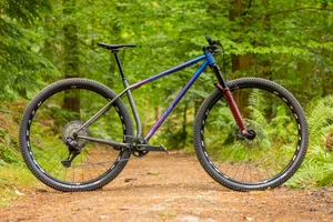 Sour Cycles Pasta Party 32 Side profile of the Sour Cycles Pasta Party 32 steel hardtail mountain bike with 32in wheels, photographed on a forest trail.