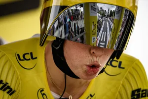 CYCLING-FRA-TDF2023-WOMEN-STAGE8 Team SD Worx's Dutch rider Demi Vollering wearing the overall leader's yellow jersey reacts before taking the start of the eighth and final stage (out of 8) of the second edition of the Women's Tour de France cycling race a 22,6 km individual time trial between Pau and Pau, south-western France, on July 30, 2023. (Photo by JEFF PACHOUD / AFP via Getty Images)