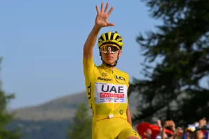 Tadej Pogacar celebrates winning a stage at the 2024 Tour de France Tadej Pogacar celebrates winning a stage at the 2024 Tour de France