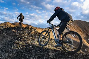 Two riders on the Trek Rail electric mountain bike Two riders on the Trek Rail electric mountain bike