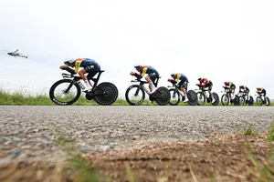 78th Tour Auvergne-Rhone-Alpes 2026 – Stage 3 PERREUX, FRANCE - JUNE 09: A general view of Juan Ayuso of Spain, Julien Bernard of France, Lennard Kamna of Germany, Quinn Simmons of United States, Mattias Skjelmose of Denmark, Toms Skujins of Latvia, Carlos Verona of Spain and Team Lidl - Trek compete during the 78th Tour Auvergne-Rhone-Alpes 2026, Stage 3 a 28.4km team time trial stage from Perreux to Perreux / #UCIWT / on June 09, 2026 in Perreux, France. (Photo by Dario Belingheri/Getty Images)
