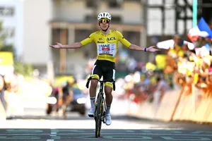 113th Tour de France 2026 – Stage 19 ALPE D'HUEZ, FRANCE - JULY 24: Tadej Pogacar of Slovenia and UAE Team Emirates - XRG - Yellow Leader Jersey celebrates at finish line as stage winner during the 113th Tour de France 2026, Stage 19 a 127.9km stage from Gap to Alpe d'Huez 1835m / #UCIWT / on July 24, 2026 in Alpe d'Huez, France. (Photo by Luc Claessen/Getty Images)