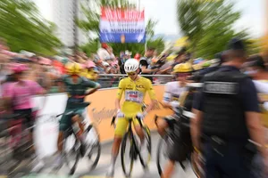 113th Tour de France 2026 – Stage 11 VICHY, FRANCE - JULY 15: (L-R) Mads Pedersen of Denmark and Team Lidl - Trek - Green Sprint Jersey, Tadej Pogacar of Slovenia and UAE Team Emirates - XRG - Yellow Leader Jersey and Juan Ayuso of Spain and Team Lidl - Trek - White best Young Rider Jersey prior to the 113th Tour de France 2026, Stage 11 a 161.3km stage from Vichy to Nevers / #UCIWT / on July 15, 2026 in Vichy, France. (Photo by Dario Belingheri/Getty Images)