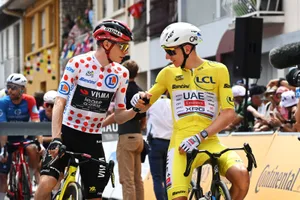113th Tour de France 2026 – Stage 7 HAGETMAU, FRANCE - JULY 10: (L-R) Jonas Vingegaard of Denmark and Team Visma | Lease a Bike - Polka Dot Mountain Jersey and Tadej Pogacar of Slovenia and UAE Team Emirates - XRG - Yellow Leader Jersey prior to the 113th Tour de France 2026, Stage 7 a 175.1km stage from Hagetmau to Bordeaux / #UCIWT / on July 10, 2026 in Hagetmau, France. (Photo by Tim de Waele/Getty Images)