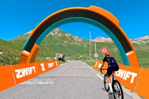 Zwift Video_Galibier_001 Person in BikeRadar kit riding on the Galibier route in Zwift Video