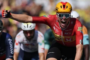 CYCLING-TDF-2026-STAGE 11 Uno-X Mobility team's Norwegian rider Soren Waerenskjold cycles to the finish line to win the 11th stage of the 113th edition of the Tour de France cycling race, 161,3 km between Vichy and Nevers in central France, on July 15, 2026. (Photo by Anne-Christine POUJOULAT / AFP via Getty Images)