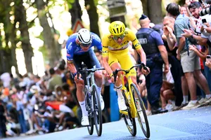 113th Tour de France 2026 – Stage 21 PARIS, FRANCE - JULY 26: (L-R) Mathieu van der Poel of Netherlands and Team Alpecin-Premier Tech and Tadej Pogacar of Slovenia and UAE Team Emirates - XRG - Yellow Leader Jersey compete in the breakaway during the 113th Tour de France 2026, Stage 21 a 89km stage from Paris to Paris / #UCIWT / on July 26, 2026 in Paris, France. (Photo by Etienne Garnier - Pool/Getty Images)