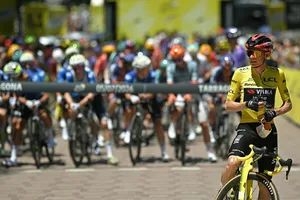 CYCLING-TDF-2026-STAGE 2 Team Visma | Lease a Bike's Danish rider Jonas Vingegaard wearing the overall leader's yellow jersey awaits the start of the 2nd stage of the 113th edition of the Tour de France cycling race, 168,5 km between Tarragona and Barcelona in northeastern Spain, on July 5, 2026. (Photo by Loic VENANCE / AFP via Getty Images)