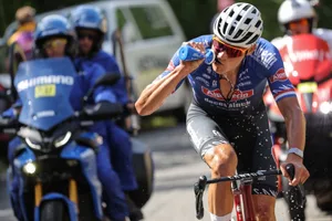 CYCLING-FRA-TDF2023-STAGE12 Alpecin-Deceuninck's Dutch rider Mathieu Van Der Poel drinks water from his bottle as he cycles in a breakaway in the ascent of the Col de la Croix Montmain during the 12th stage of the 110th edition of the Tour de France cycling race, 169 km between Roanne and Belleville-en-Beaujolais, in central-eastern France, on July 13, 2023.