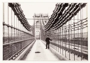 Bangor, View on Suspension Bridge, c 1880. A photographic view across the Menai Suspension Bridge in Bangor, North Wales