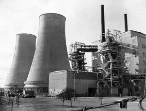 Power Station 16th October 1956: Cooling towers and reactor at the world's first full-scale atomic power station at Calder Hall, Windscale, Cumberland (now Cumbria), England. The station, which will use atomic energy to produce electricity for factories and homes in Britain, will have a total capacity of 92 Megawatts. The station later became known as Sellafield. (Photo by Topical Press Agency/Getty Images)