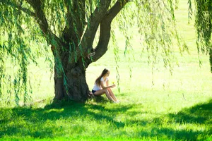 He loves me, he loves me not… Caucasian young adult with long brown hair wearing shorts and a white tshirt stares at a single daisy in deep thought as she sits under a giant willow tree on a sunny summer day