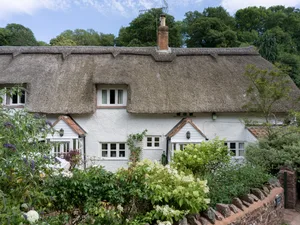 26380328-v2 Large white thatched roofed cottage surrounded by trees and a flowering front garden