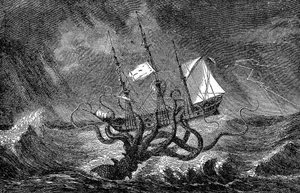 The Kraken as Seen by the Eye of Imagination by Edward Etherington – 19th Century The Kraken as Seen by the Eye of Imagination, engraving by Edward Etherington from the book Monsters of the Sea by John Gibson. Vintage etching circa 19th century. (Image: Getty)