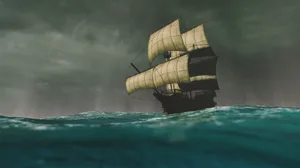 Caravel sailing the ocean during a storm An illustration of a boat crossing from the 1600s
