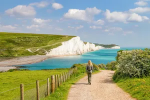 The Seven Sisters, East Sussex, England Seven sisters walk seen from the top of a hill looking down towards the water