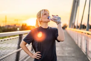 Young sporty woman drinking water after training outdoors at sunset Young sporty woman enjoying a refreshing drink of water from a bottle while resting on a bridge after an invigorating training session at sunset