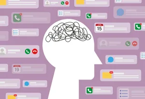 Phone brain Illustration of person's head surrounded by phone notifications.