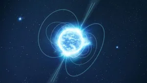 Magnetar This is an artist's impression of a magnetar, which is a special type of neutron star. The neutron star is depicted as a white-blueish sphere. The magnetic field is shown as filaments streaming out from its polar regions.