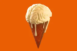 heat-brain CGI illustration of a brain melting on top of an ice cream cone. The brain is the ice cream