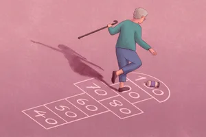 7-ways-anti-ageing-illustration Illustration of an elderly person playing hopscotch - their shadow is of a child
