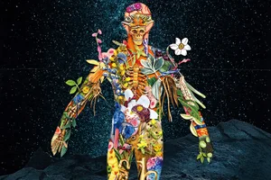 humans-seeded-by-aliens-art-cover Illustration of a humanoid figure standing in space on a comet. It is made up of many different things you can find on earth