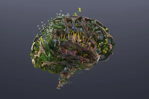 Green brain Digital generated image of brain made out of plants, grass and flowers on purple background.