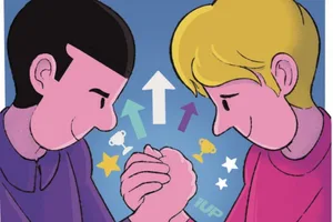 narcissist-pair Illustration of two people locked in an arm wrestle, both look smug trying to one-up each other