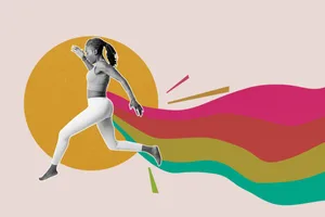 Mental flexibility (1) A woman in athletic clothes jumping over a gold circle, followed by a rainbow