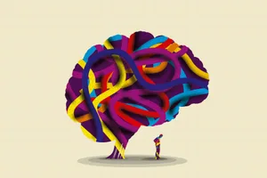 neuroticism-happiness Illustration of a brain that appears like a tree, towering above a person looking down on the ground