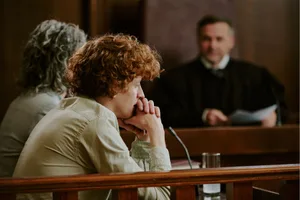 Court A man sat in court, hunched over a microphone