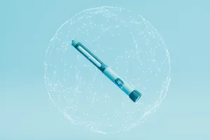 weight-loss-drugs-for-all A medical injection pen is displayed floating at the center of a glowing digital network sphere