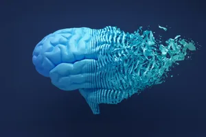 Blue Human Brain Fragmenting on Dark Background 3D render of a human brain gradually breaking apart and dissolving into soft, flowing fragments drifting away as if carried by wind against a dark blue background. The blue-toned medical visualization represents neurological deterioration, memory loss, and cognitive decline associated with conditions such as Alzheimer's disease, dementia, and mental health disorders. Side view with copy space.