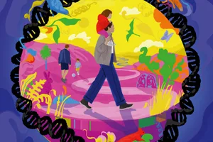dark-DNA Illustration of a parent walking down a pink path with their child on their shoulders. Set in a fantastical space, black DNA strands surround the image