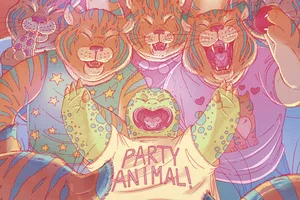 party-animal A cartoon of a tortoise wearing a t-shirt that says PARTY ANIMAL, surrounded by smiling tigers.