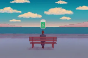 Solitude Illustration of a person sat on a bench looking out to the sea. Above them is a battery being recharged