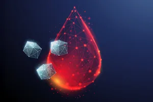 Abstract falling drop of blood with white cubes of sugar. Diabetes symbol type1, 2. Abstract falling drop of blood with white cubes of sugar