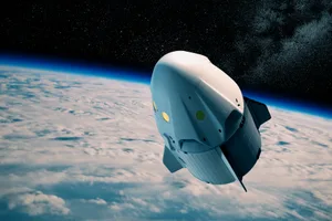 made-in-space New Commercial Spacecraft Above Clouds. 3D Illustration