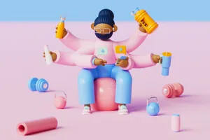 hydration-need-a-drink CG illustration of a person getting notifications about needing to have a drink with six arms (four holding different drinks) and exercise equipment around them