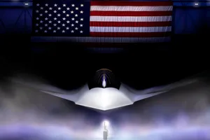 9-future-weapons-F-47-illustration An illustration of the US Air Force F-47 plane - it sits in smoke underneath a massive USA flag