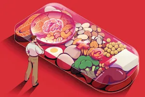 anxiety-nutrients Illustration of a person looking at a giant clear remote control filled with healthy foods, working for the brain