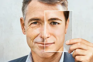 Man ageing man holding younger photo of himself
