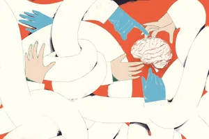 Unlocking the Secrets of Autism – Idea 01 _Development Illustration of a load of arms in doctor's whites bending and folding and stretching over one another to get to a human brain