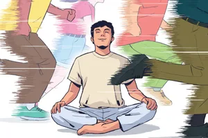 how-to-slow-down-time A person sits smiling with their legs crossed as a group of people rush past.