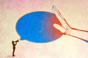RSD 1800×1200 Illustration of a small silhouette of a person speaking through a microphone – a blue speech bubble. A large hand presses on the speech bubble, turning the side red.